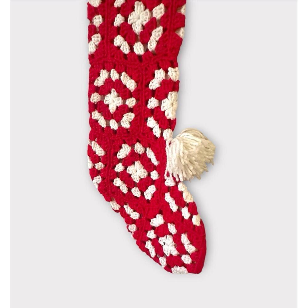 Handmade Crochet Christmas Stocking Granny Square Style Red White Pompom Bell - Picture 4 of 7